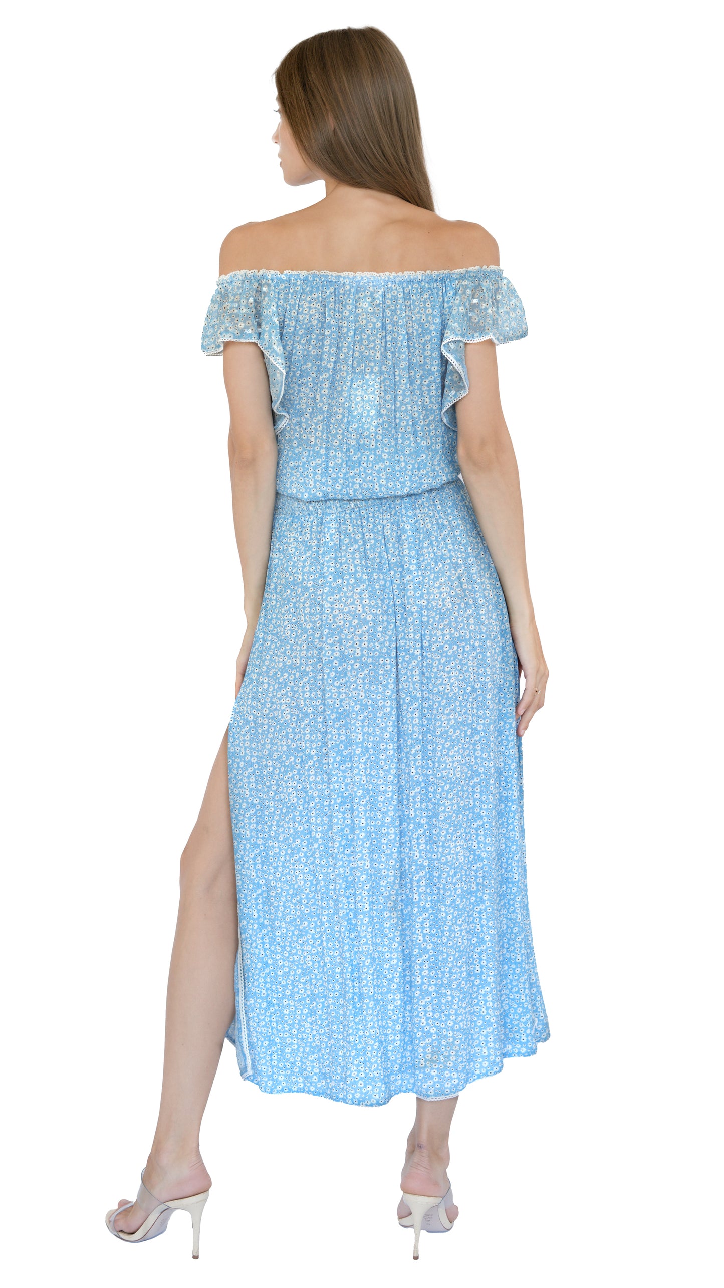 Sunday St Tropes long cold shoulder dress with slit in blue with floral print