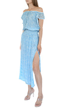 Sunday St Tropes long cold shoulder dress with slit in blue with floral print