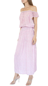 Sunday St Tropes long cold shoulder dress with slit in pink with floral print