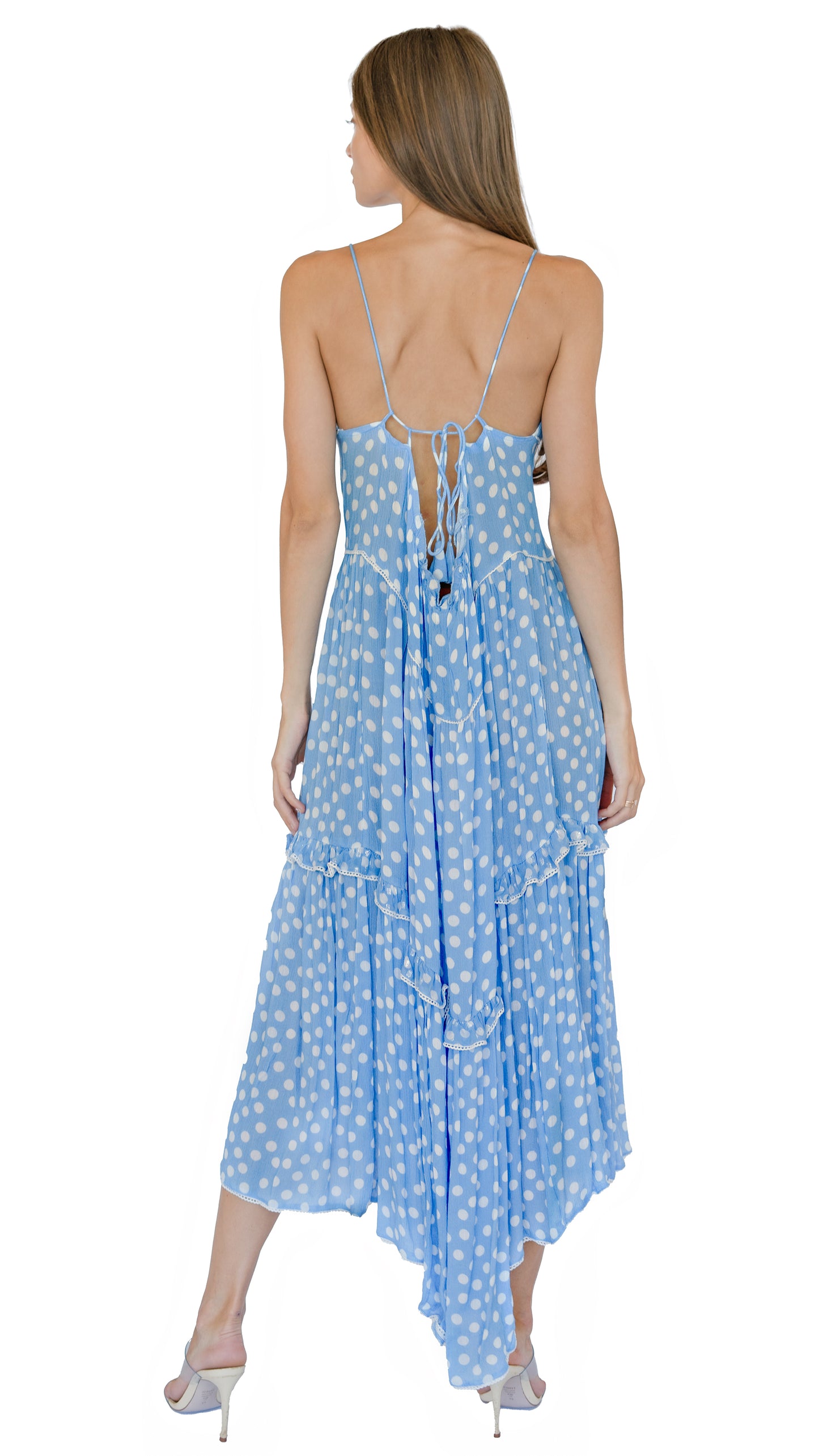 Sunday St Tropez long summer dress in blue with polka dot