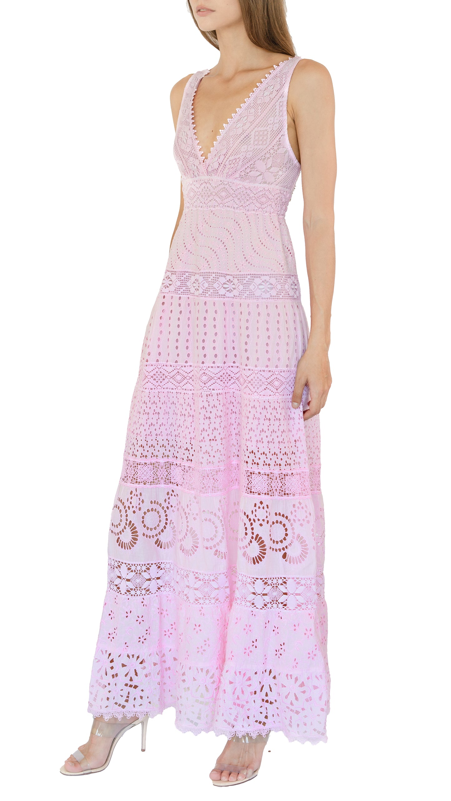 Temptation Positano  Long maxi dress with crochet lace trim, a scallop plunge v-neckline with a smocked empire waist and pom pom trim in pink