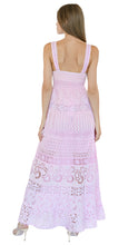 Temptation Positano  Long maxi dress with crochet lace trim, a scallop plunge v-neckline with a smocked empire waist and pom pom trim in pink